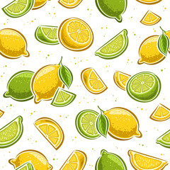 Vector Lemon and Lime seamless pattern, repeat background with set of cut out illustrations lemons with leaves, group of fruity still life, chopped quarter limes on white background for wrapping paper
