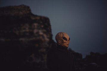 Portrait of alien head in a dark outdoors nature background. Concept of aliens among us....