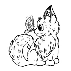 Little fox and butterfly vector illustration isolated on white background