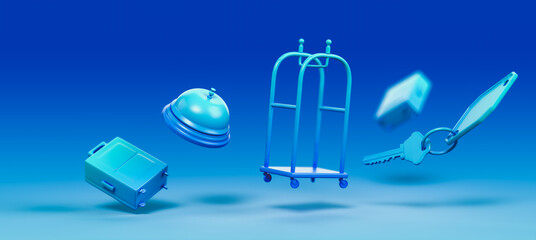 Fototapeta na wymiar 3D Rendering, illustraion of an empty Hotel luggage trolley, a room key and a concierge bell on a blue background.