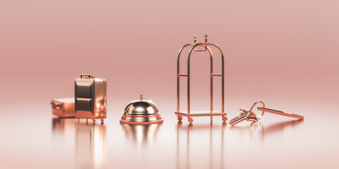 3D Rendering, illustration of rose gold hotel elements arranged in in a row.