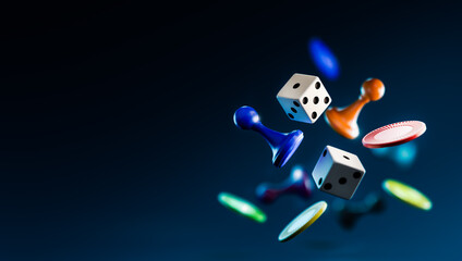 Assorted game board pieces in mid air. 3D illustration, Rendering - obrazy, fototapety, plakaty