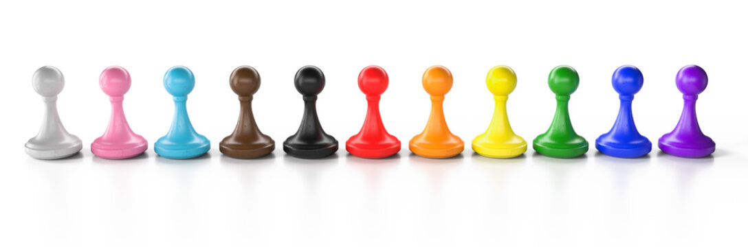 Progress pride flag colors represented in a row of game board pieces. 3D Rendering, illustration