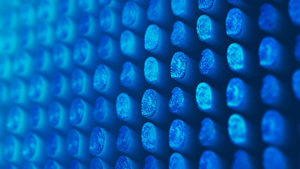 Array of blue fingerprints with selective focus. 3D Rendering, illustration