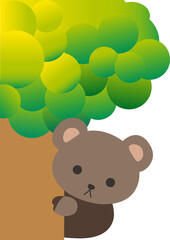 Cute cartoon teddy bear hiding behind the tree. Playing hide and seek. Cartoon animal character. Illustration, Vector, EPS10