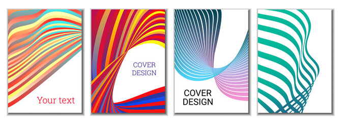 A set of 4 abstract covers. Wavy parallel gradient lines, ribbons evolve. Cover design, background. Trendy banner, poster.