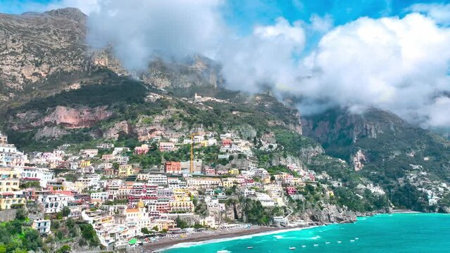 aerial view of idyllic Italian town of Positano on the Amalfi coast, holidays on Italian coast, famous Mediterranean resort with turquoise sea
