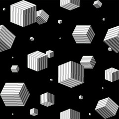 Fototapeta premium Vector graphics - white cubes levitating in black space with an isometric 3d effect. Concept - seamless modern urban backgrounds