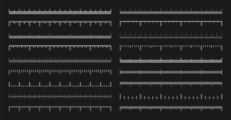 Various measurement scales with divisions. Realistic white scale for measuring length or height in centimeters, millimeters or inches. Ruler, tape measure marks, size indicators. Vector illustration
