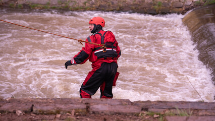 Swiftwater rescuer ready for jump 