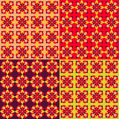 Vector illustration - a set of seamless geometric ornaments with a floral print of red-orange colors. Concept wallpaper, fabric or tile
