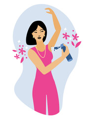 Illustrations of woman using spray deodorant. Antiperspirant for underarms. Protection against sweat	