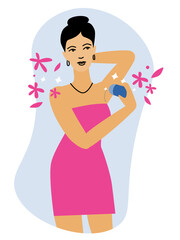 Deodorant for underarms. Protection against sweat.
Illustrations of beautiful woman using antiperspirant.