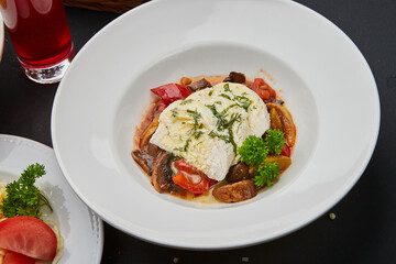 business lunch menu that includes soup, cabbage salad, chicken with vegetables and compote