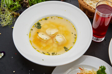 business lunch menu that includes soup, cabbage salad, chicken with vegetables and compote