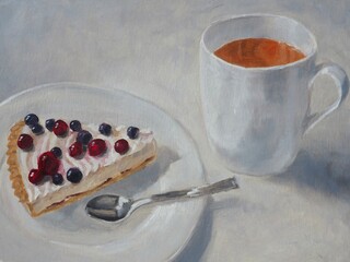A slice of cake with berries and a cup of tea. Dessert oil painting. Cake with berries