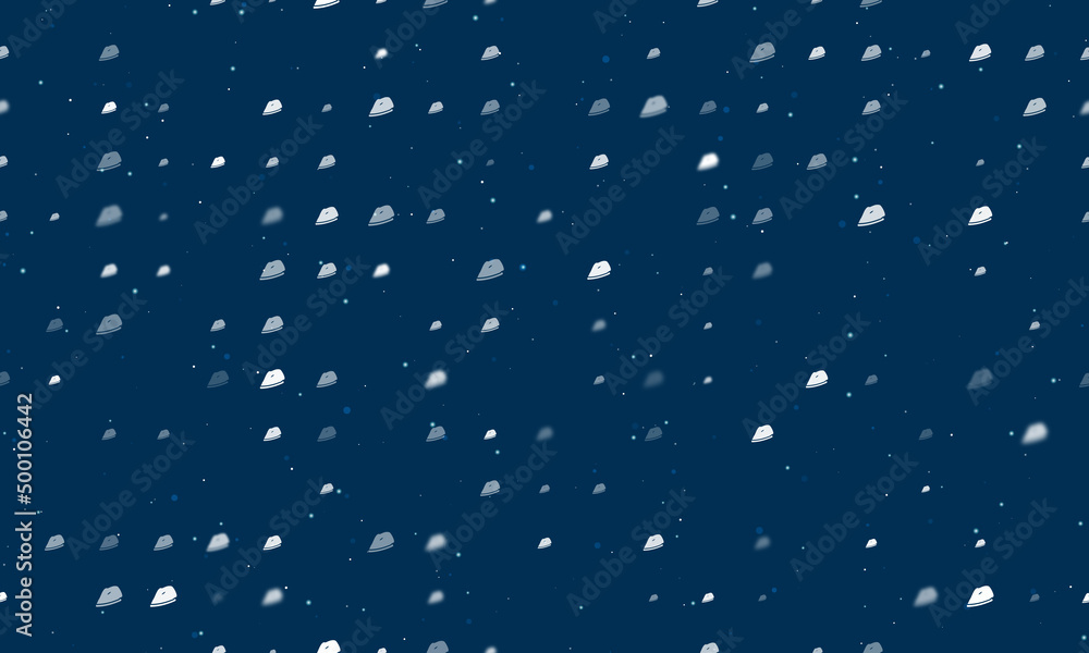 Poster seamless background pattern of evenly spaced white iron symbols of different sizes and opacity. vect