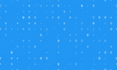 Seamless background pattern of evenly spaced white astrological pluto symbols of different sizes and opacity. Vector illustration on blue background with stars