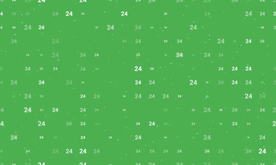 Seamless background pattern of evenly spaced white around the clock symbols of different sizes and opacity. Vector illustration on green background with stars