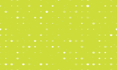 Seamless background pattern of evenly spaced white pot symbols of different sizes and opacity. Vector illustration on lime background with stars