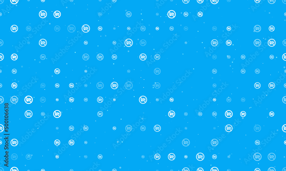 Poster seamless background pattern of evenly spaced white no video symbols of different sizes and opacity. 