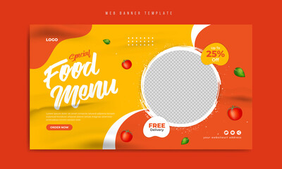 Restaurant food menu social media marketing web banner. Pizza, burger or hamburger online sale promotion video thumbnail. Fast food website background. Food flyer with logo and business icon. 
