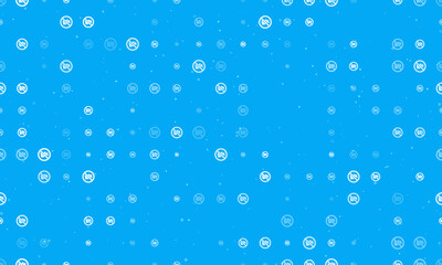 Fototapeta na wymiar Seamless background pattern of evenly spaced white no video symbols of different sizes and opacity. Vector illustration on light blue background with stars