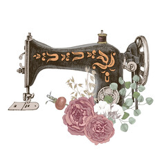 Sewing machine with arrangement of dried flowers