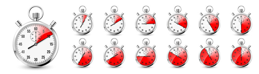 Realistic classic stopwatch icons. Shiny metal chronometer, time counter with dial. Red countdown timer showing minutes and seconds. Time measurement for sport, start and finish. Vector illustration
