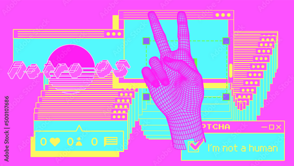Poster 3d vector illustration of a low-poly hand and collage of user interface elements.