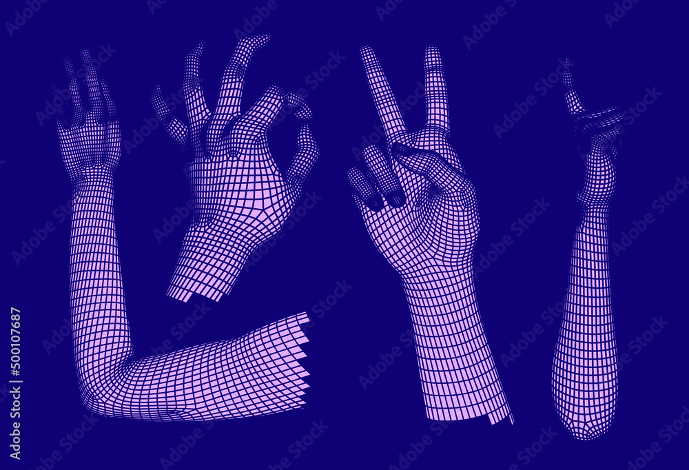 Poster set of 3d low-poly hand models made of polygonal wireframe. futuristic style illustration.
