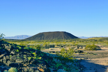 The Amboy Crater, formed of ash and cinders, near Amboy along the historic Route 66 in the Mojave Desert, California, USA. Green desert after winter rains.
