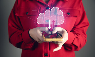 A smartphone connecting to a cloud computing system.