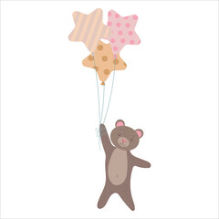 Cute Bear cub flies on balloons. Brown bear among the clouds. Balloons and airship. Children's illustration, Cute print, vector. Isolated on a white background.