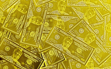 Pop art surreal style metallic gold colored heap of United States fifty dollar ($50) bills with selective focus