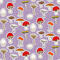 Vector seamless half-drop pattern, with mushrooms