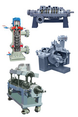 longitudinal and cross sections of four industrial pumps for pumping gas on a white background