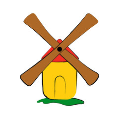 Windmill fairy, cartoon isolated on white background. Retro, rural building, tower with wooden propeller. illustration