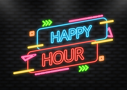 Neon Icon. Banner happy hour on dark background. Elegant design. Sale banner. Vector illustration.