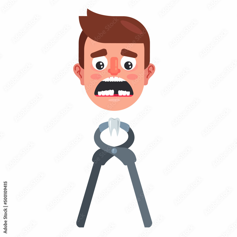 Wall mural a man is having a tooth pulled out with pliers. human toothache. flat vector illustration.