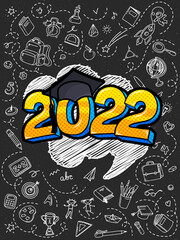 Fototapeta premium Concept of a graduating class of 2022. Numbers with graduation cap in pop art style