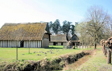 Fototapeta na wymiar landscape with traditional ancient farmhouse and barns, Bokrijk, Belgium
