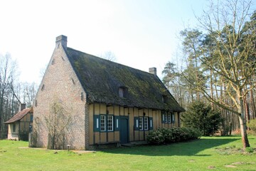 Plakat landscape with traditional old farmhouse, Bokrijk, Belgium