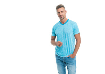 Fototapeta premium Happy caucasian guy in casual style pretend holding imaginary product in hand