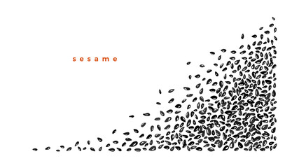Pile of black sesame, cumin seed. Vector border