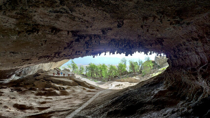 View from inside the Milodon Cave Natural Monument (Cueva del Milodon), Patagonia, Chile.