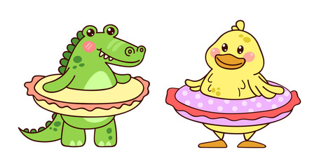 Kawaii duck and crocodile. Cute animals in an inflatable circle. Set of vector illustrations isolated on white background.