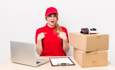 red head pretty woman feeling happy and pointing to self with an excited. employee concept