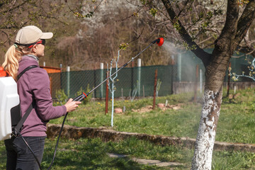 A woman works in the spring garden and spray with a rechargeable sprayer chemicals against pests...