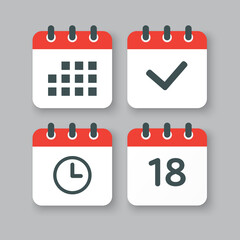 Icons calendar number 18, agenda app, timer, done